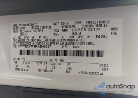 2019 Ford Transit-150 z USA, uszkodzony, nr VIN 1FTYE2YM3KKB46097